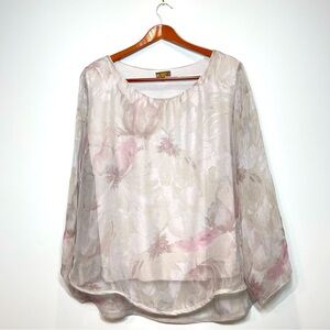 AMANTI Women's 100% Silk Blouse Gray Floral Print Long Sleeve Italy Size Large